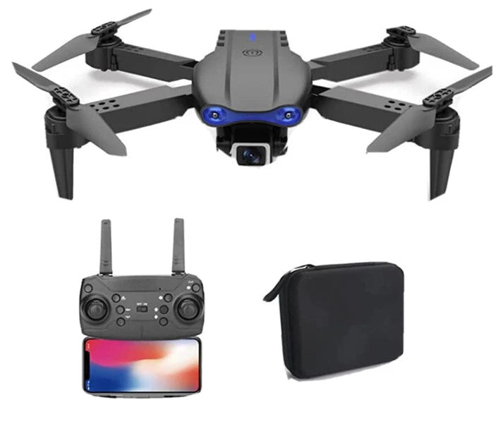 Camera drone kit with foldable quadcopter, controller, and carrying case