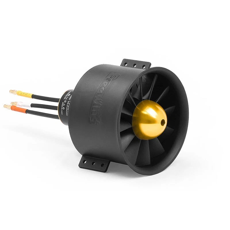 Freewing EDF racing drone motor with black fan and gold spinner, wire leads attached