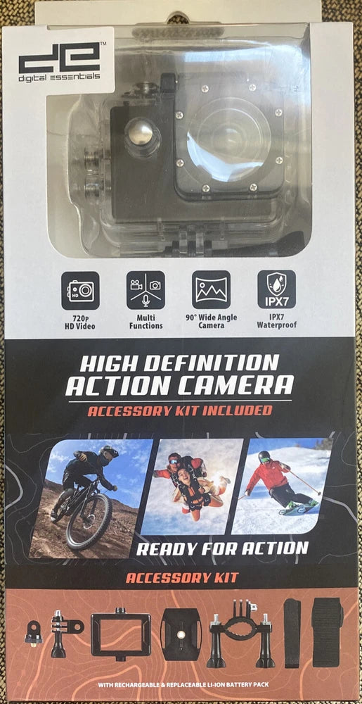 Sealed action camera accessory kit box with HD action camera and mounts