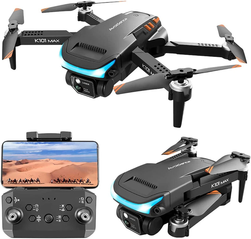 Foldable gray drone with 4K camera, obstacle sensors, and blue LED; with remote controller and screen