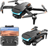 Foldable gray drone with 4K camera, obstacle sensors, and blue LED; with remote controller and screen