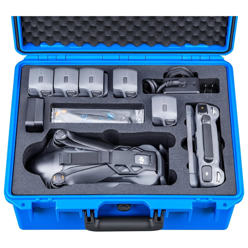 Blue waterproof hard case with gray foam insert holding DJI drone accessories