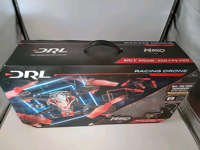 FPV racing drone box, red and black with DRL Nikko Race Vision graphics