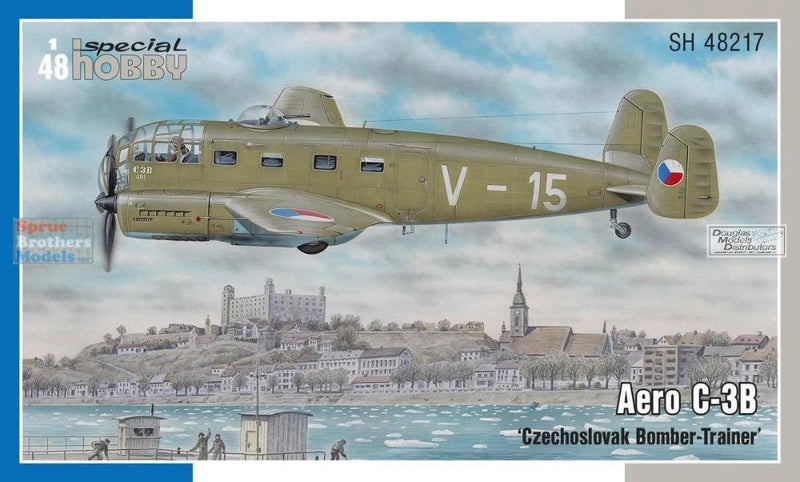 Olive model aircraft kit box art, Aero C-3B bomber-trainer, side view.