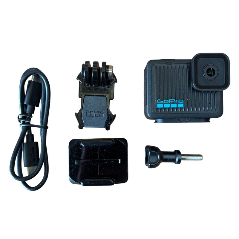 GoPro compact waterproof action camera parts kit with camera housing, mount, cable, and screw