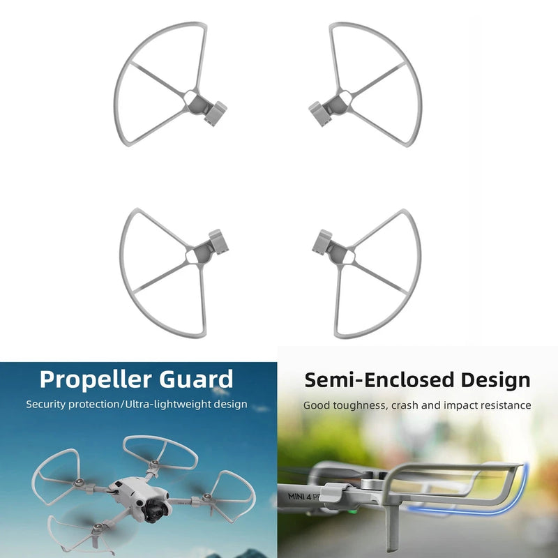 Drone propeller guard set with four semi-circular protection rings for propellers
