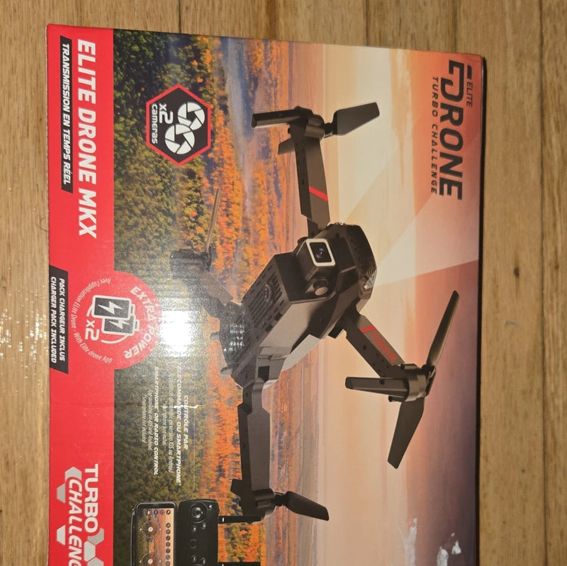 Boxed quadcopter drone with two cameras, black and gray