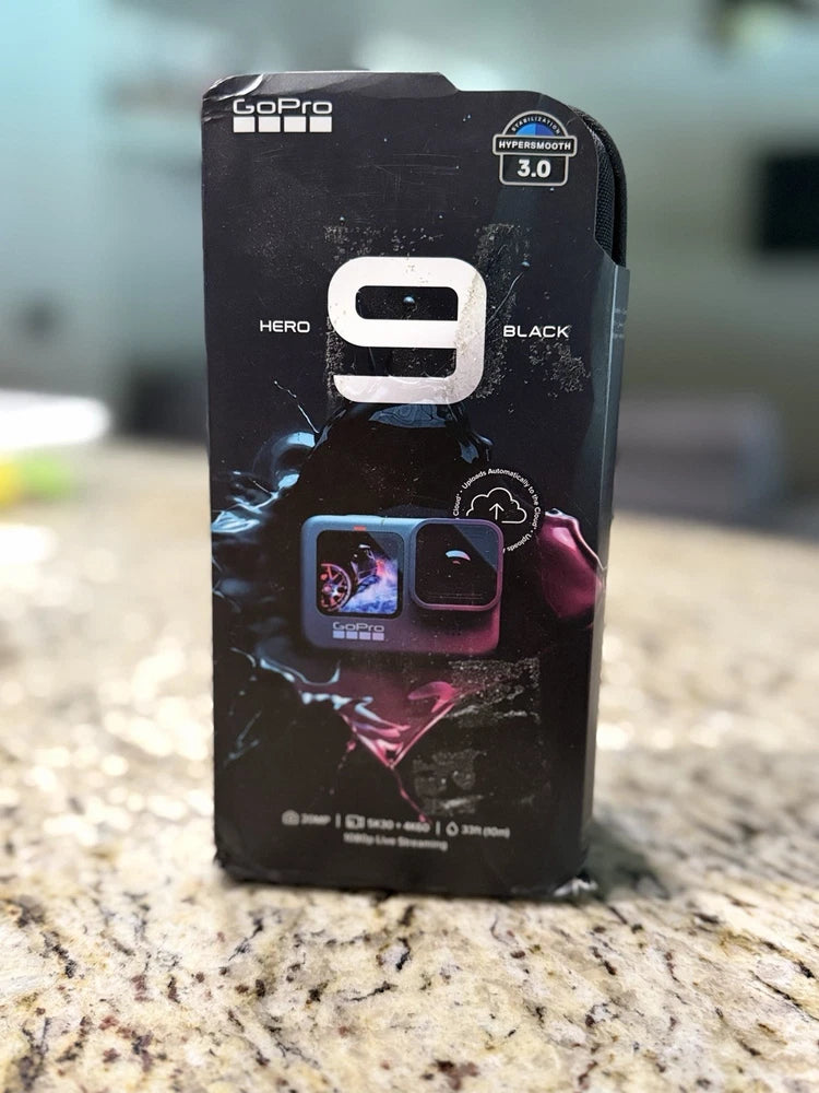 GoPro HERO 9 Black action camera box with HERO9 branding and front camera view