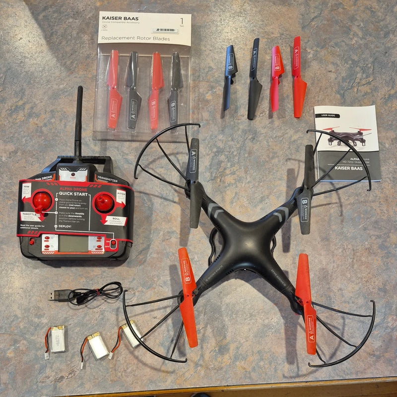 Kaiser Baas Alpha quadcopter drone kit with controller and spare propellers