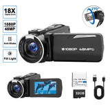 Black 1080P 48MP camcorder with 18x digital zoom, front lens and rear screen display