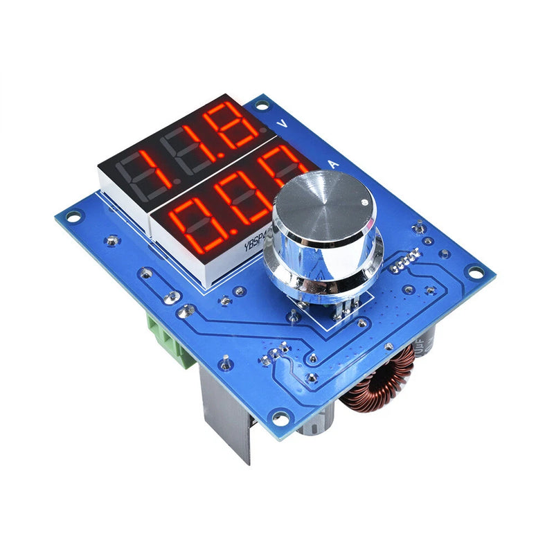 Buck step-down regulator module with dual red digital display and silver tuning knob