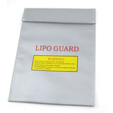 Gray LiPo guard battery safe bag with flap and warning label, front logo text