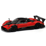 Red and black 1/32 diecast model car toy with open rear wing and black wheels