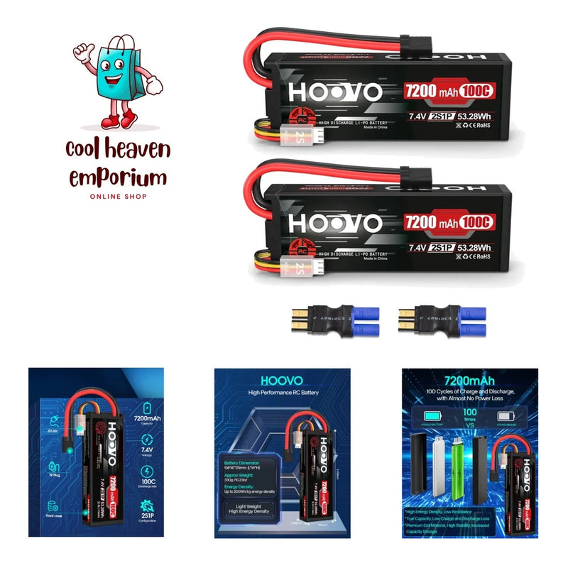 2S Lipo Battery 7.4V 7200mAh 100C RC Lipo Battery Pack TR Plug 2 Pack Battery
