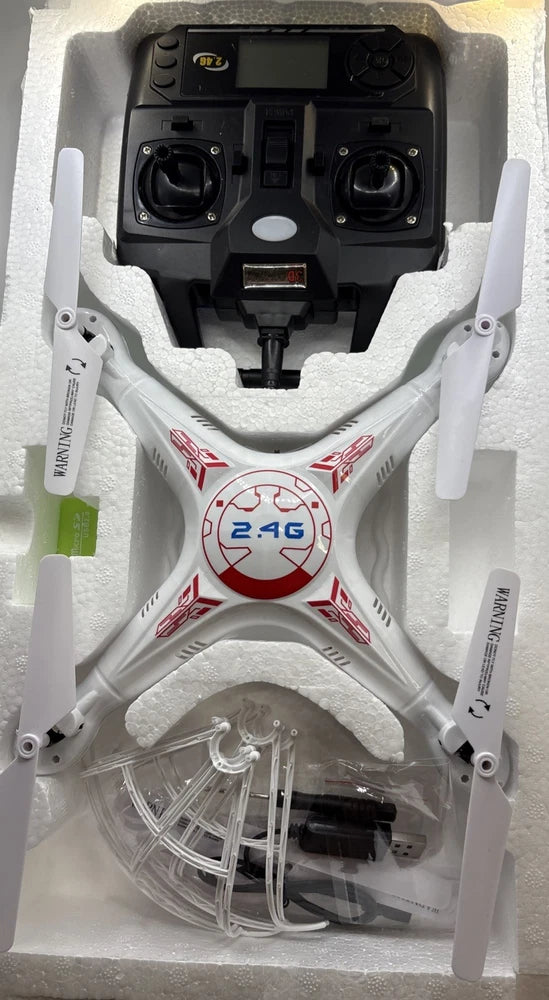 White 2.4G quadcopter drone with four propellers and remote-control controller