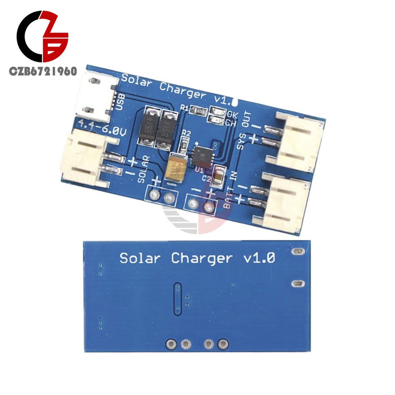 Mini solar battery charger PCB module with USB and mounting pins, two-sided view
