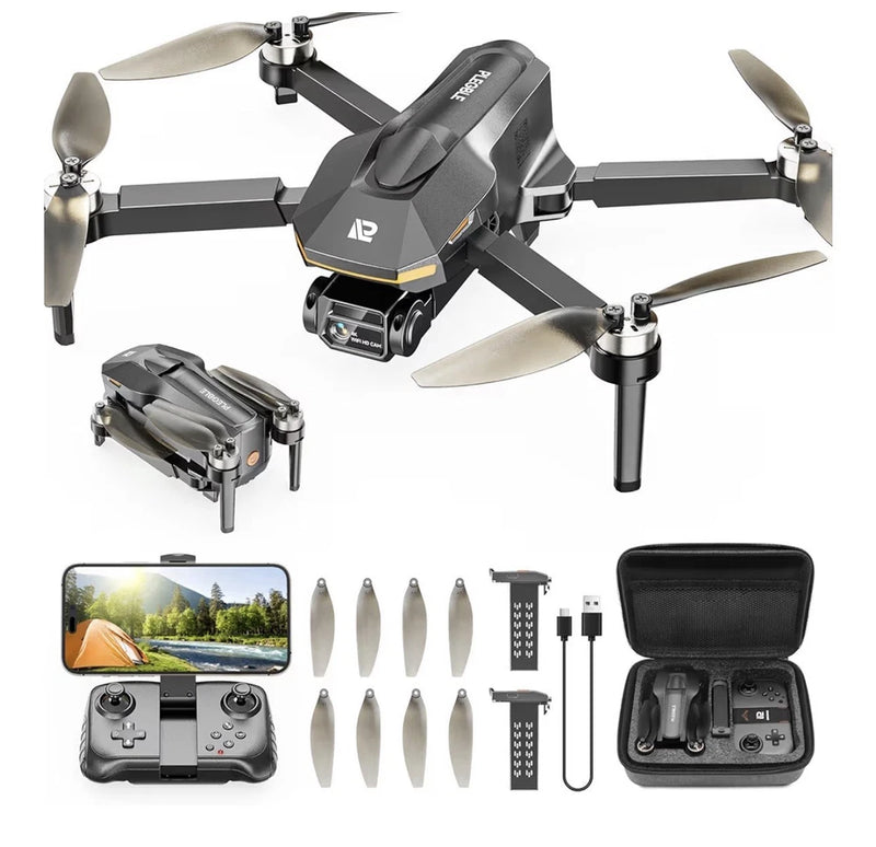 Compact FPV drone with camera, four propellers and carry case, controller, accessories