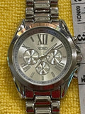 Women’s silver round watch with Roman numerals, three subdials, linked metal bracelet