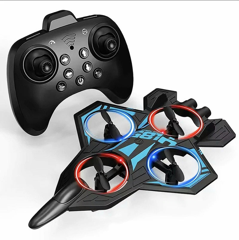LED fighter jet RC drone with four propellers and handheld controller