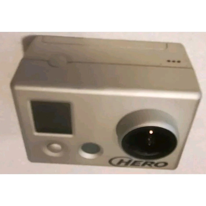 GoPro HERO action camera, gray body with front screen and lens opening
