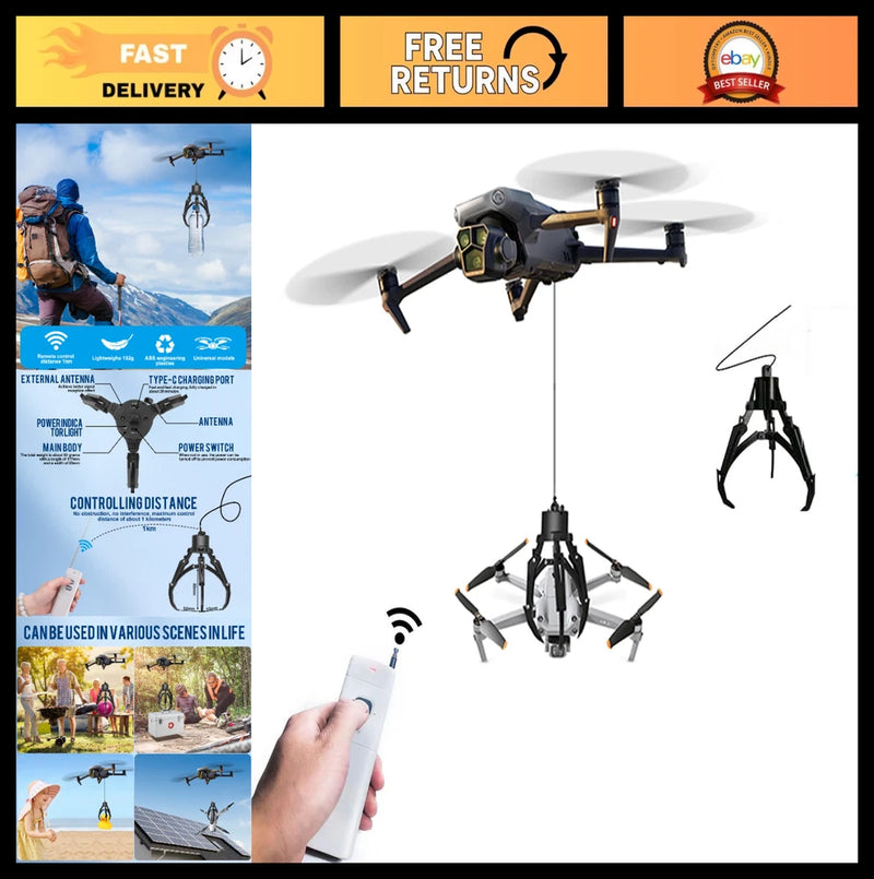 Black drone with underside hook grabber attachment and landing legs