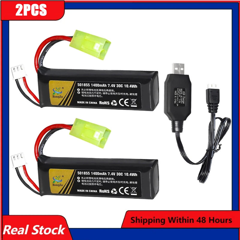 7.4V 1400mAh 30C 501855 Lipo Battery Mini Tamiya Plug for water gun RC Guns Rifl