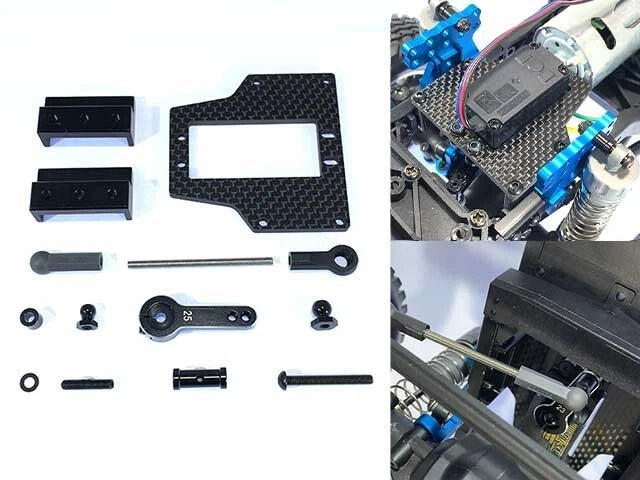 Square servo mount set with black carbon-fiber plates, linkages, and mounting hardware