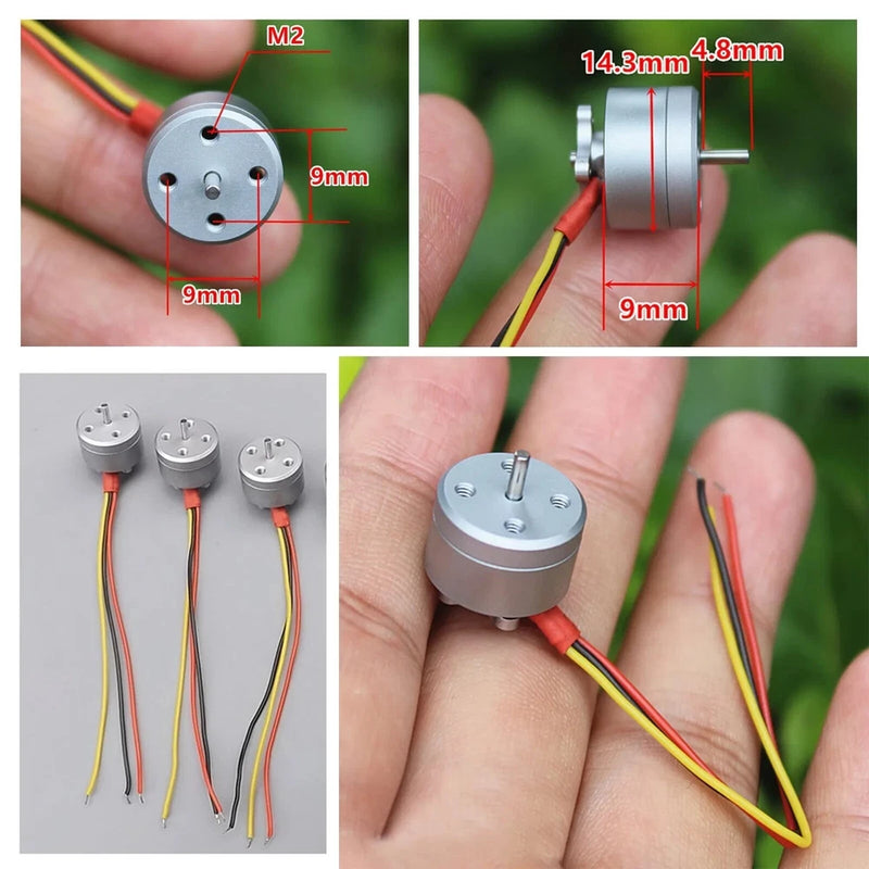 Micro brushless RC motor, silver cylindrical can with red wires and top mounting plate