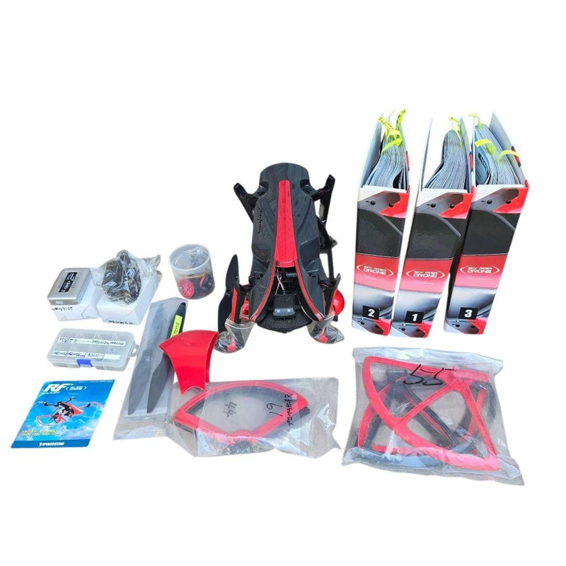 RC quadcopter drone build kit with camera, frame parts and propeller pieces