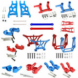 Metal RC car parts kit with blue and red frame arms, shocks, and hardware set