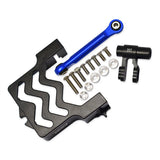 Aluminum steering gear mount kit with blue rod, black plate, and mounting screws
