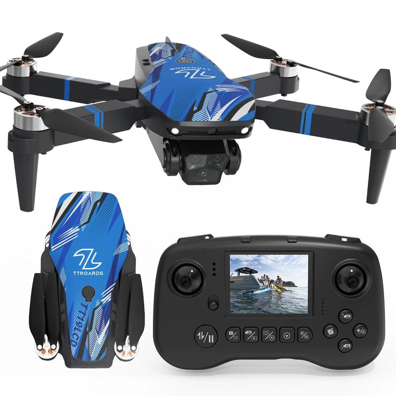 Black and blue FPV drone with camera, four propellers, front display screen