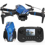 Black and blue FPV drone with camera, four propellers, front display screen