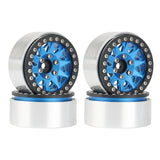RC crawler beadlock wheel rims with blue spokes and black ring, mounted on tires