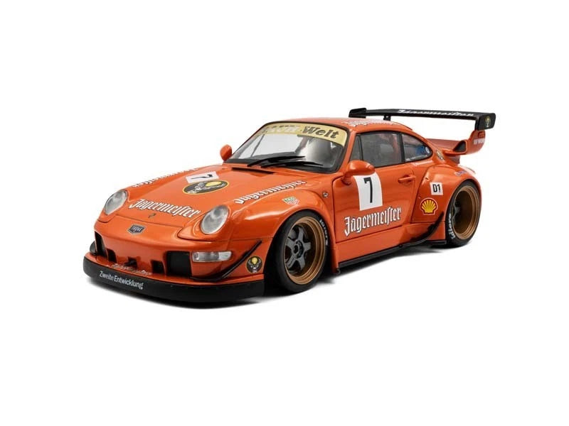 Orange Porsche 911 RWB die-cast model car, Jagermeister #7, front three-quarter view