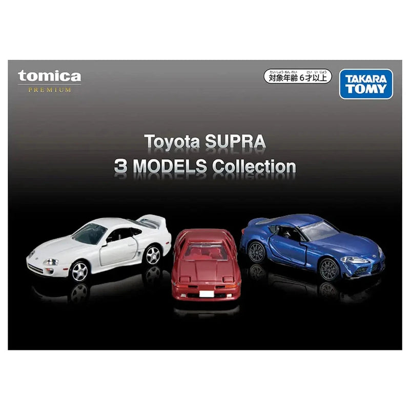 Die-cast Toyota Supra model set: white, red, and blue 3 cars
