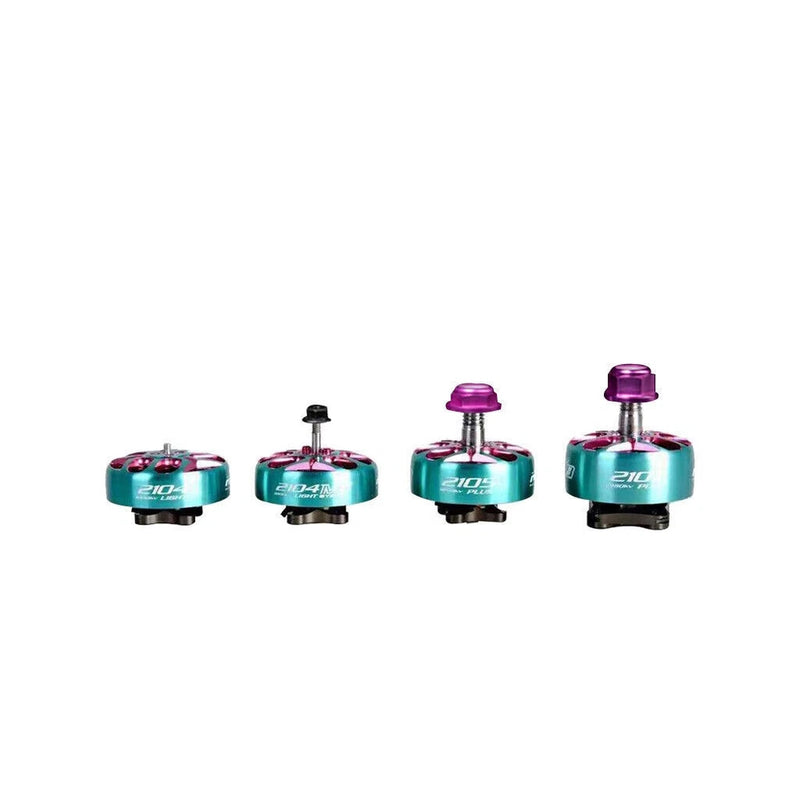 Set of teal brushless drone motors with purple top caps and mounting posts