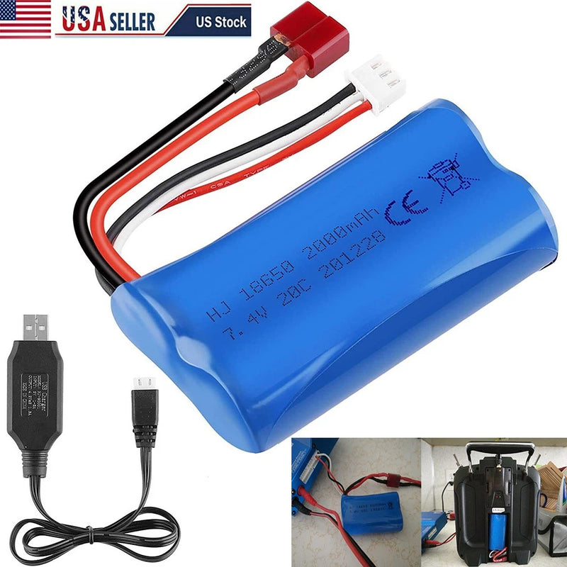Blue RC Li-ion battery pack with T plug, black/red leads, and USB charger cable