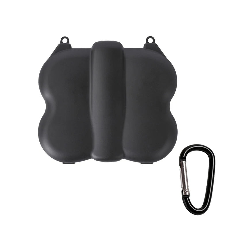 Hard storage case with carabiner, dark molded shell with clasp tabs