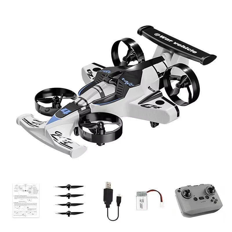 2in1 mini drone air-ground flying car with white body and black propellers, controller shown