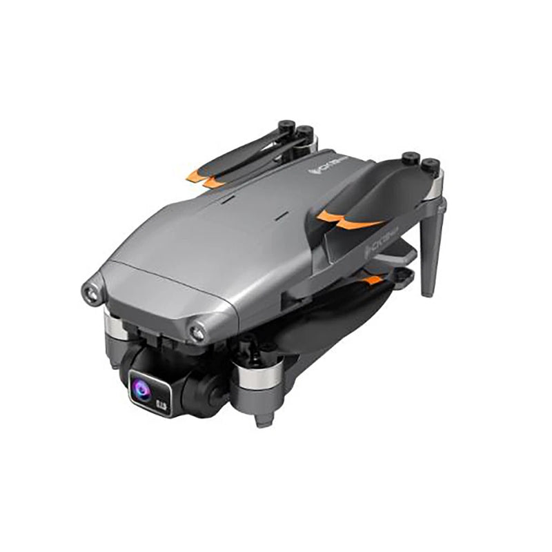 Compact grey mini drone with dual orange fins and front camera