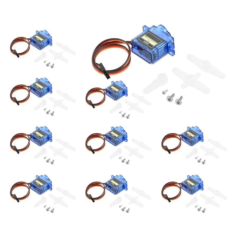 10-pack blue SG90-style micro servo motors with leads and mounting screws