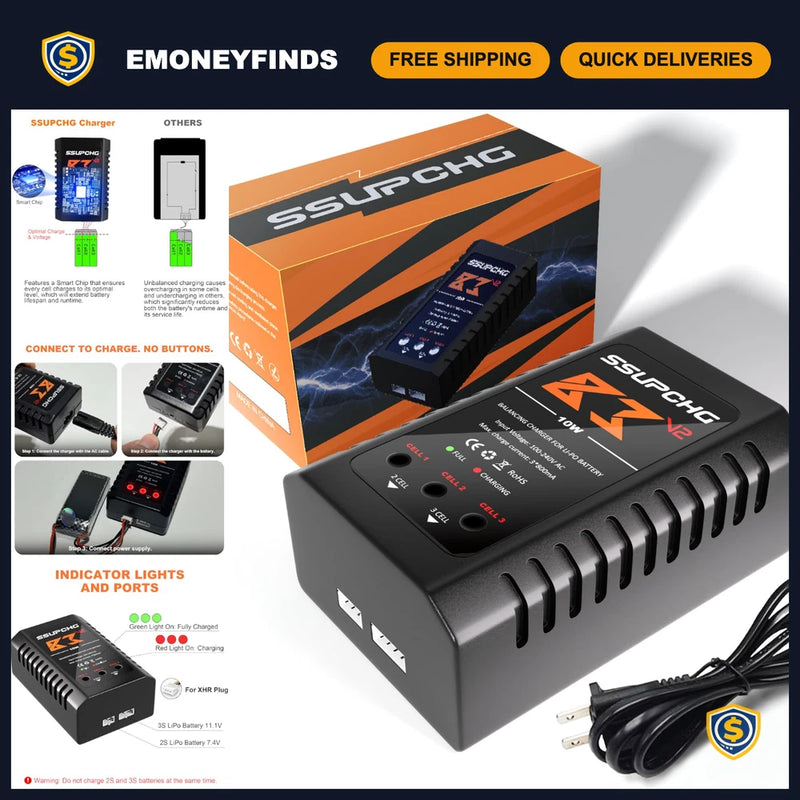 LiPo Battery Charger, Balance Charger for 2S 3S XHR Plug, RC Drone & Hobby Use Battery