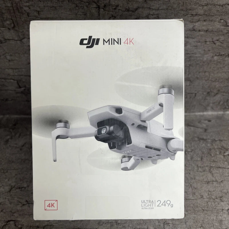 DJI Mini 4K drone box with gray drone and 4K/Ultra light 249g labels