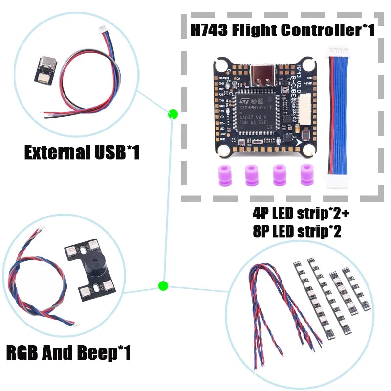 FPV drone flight controller PCB with wiring harness and LED strip components