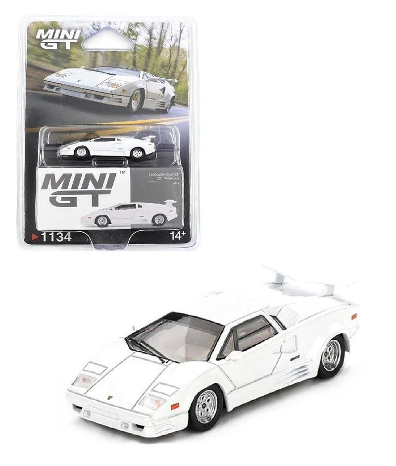 Mini GT 1:64 white Lamborghini Countach model car with clear blister packaging