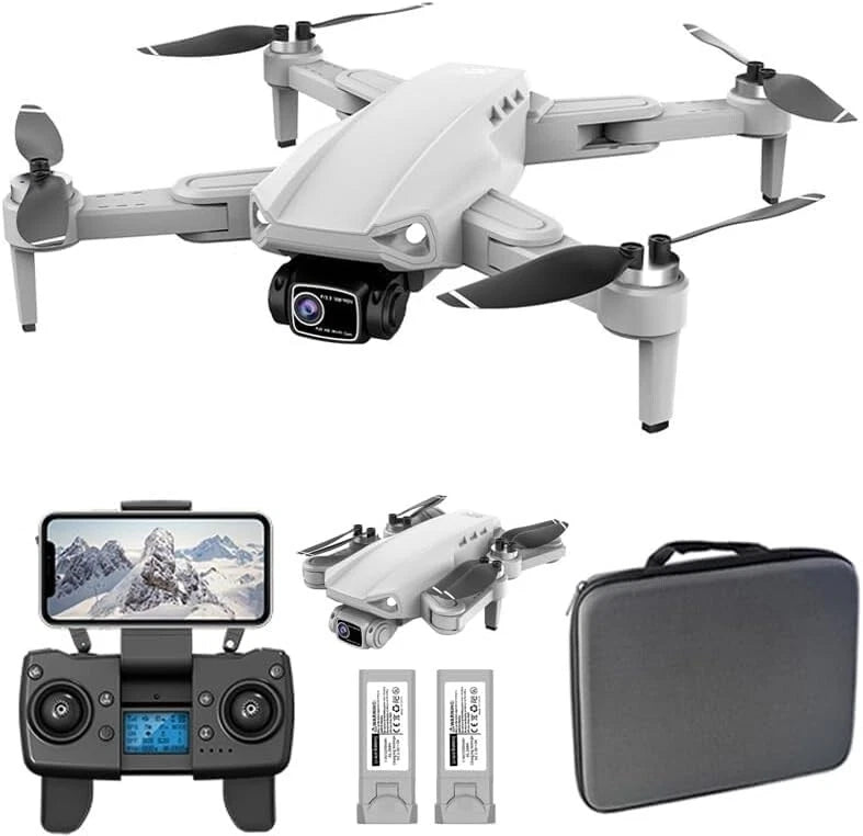 White 3-axis gimbal drone with camera, remote controller, batteries and carrying case
