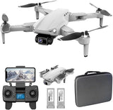 White 3-axis gimbal drone with camera, remote controller, batteries and carrying case