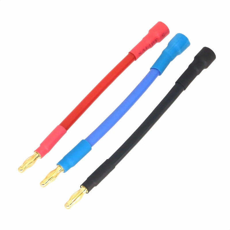 Three 10AWG banana plug cables: red, blue, black, 4mm male bullet connectors