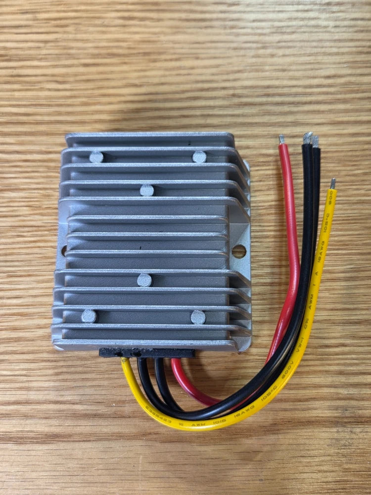 DC-DC power converter module with metal heat sink and three-wire pigtail (red, black, yellow)